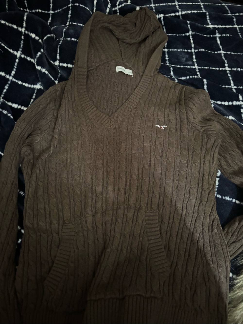 Hollister Brown Cable-Knit V-Neck Hoodie Sweater